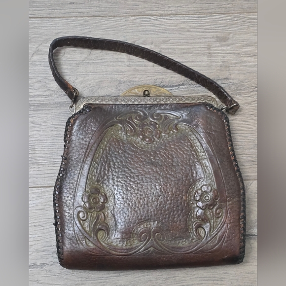 Antique Early 1900's Hand Tooled Leather Hand Bag Art Nouveau Deep Brown - Picture 6 of 13